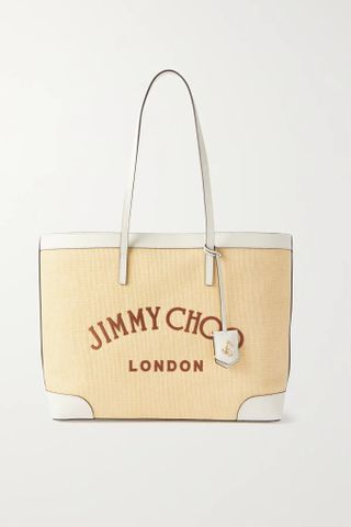Jimmy Choo + Nine2five Leather-Trimmed Embroidered Raffia Tote