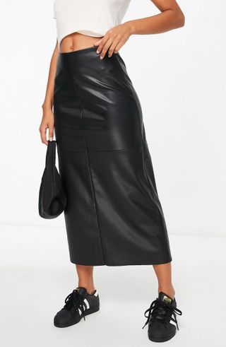 Topshop + Faux Leather Midi Skirt