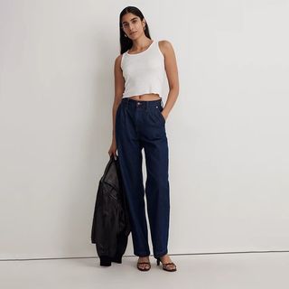 Madewell + Baggy Straight Jeans in Woodham Wash: Pleated Edition