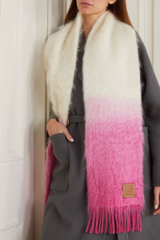 Loewe + Leather-Trimmed Fringed Ombré Mohair-Blend Scarf