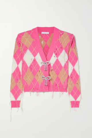 Area + Crystal-Embellished Distressed Knitted Cardigan