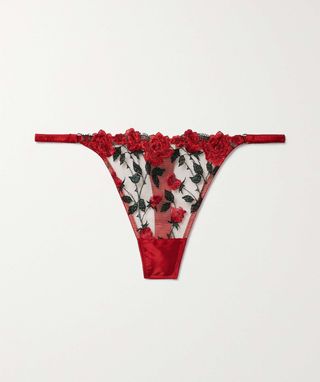Fleur Du Mal + Roses and Thorns Silk-Blend Satin-Trimmed Embroidered Tulle Thong