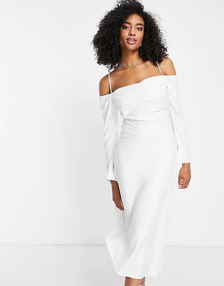 Forever New + Cold Shoulder Cowl Midi Dress with Thigh Split in Ivory
