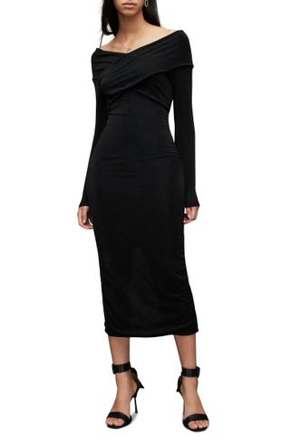 AllSaints + Delta Shimmer Off the Shoulder Long Sleeve Midi Dress
