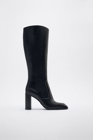 Zara + Leather Knee-High Block-Heel Boots