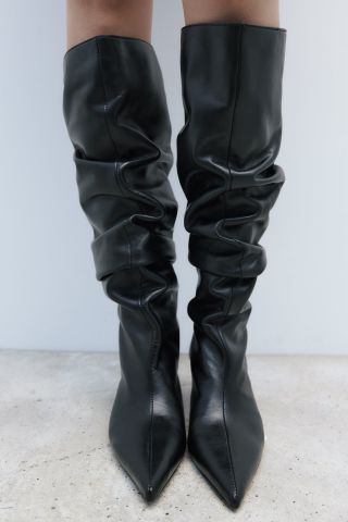 Zara + Gathered Leather High Heel Boots