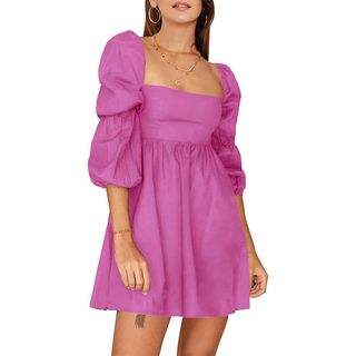 Exlura + Square Neck Dress Long Puff Sleeve A-Line Casual Short Mini Dress