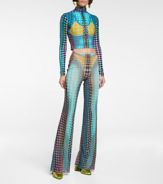 Jean Paul Gauthier + Polka-Dot Mid-Rise Flared Mesh Pants