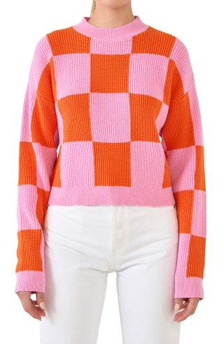Grey Lab + Checkerboard Cotton Blend Crewneck Sweater