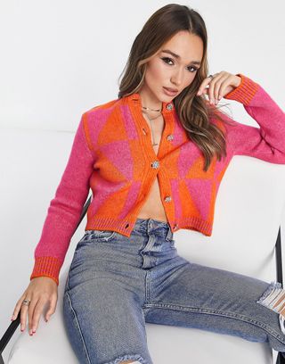 Mango + Button Down Cropped Cardigan in Pink Print