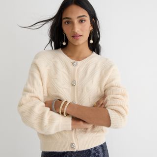 J.Crew + Cable-knit cardigan sweater with jewel buttons