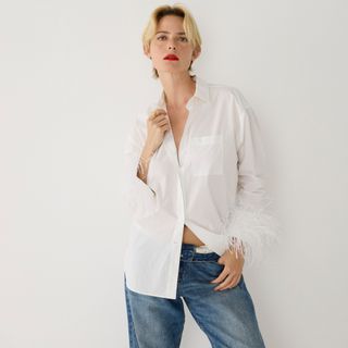 J.Crew + Faux-feather-trim cotton poplin button-up shirt with collar