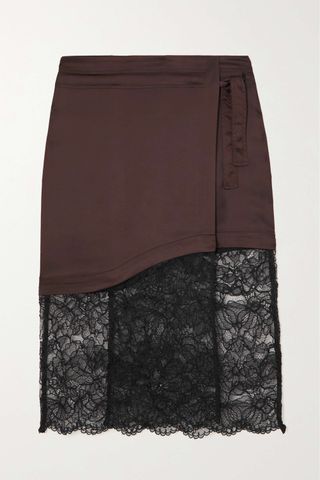 Ganni + Stretch-Recycled Satin and Corded Lace Wrap Skirt