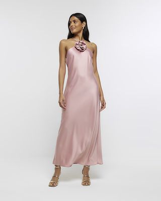 River Island + Pink Satin Corsage Bodycon Midi Dress