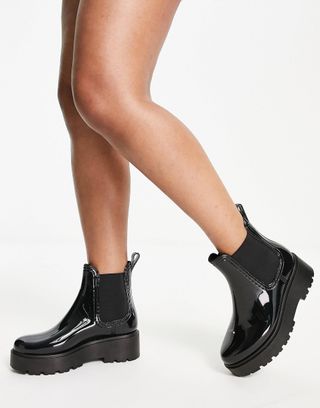 Asos Design + Wide Fit Gadget Chunky Chelsea Rain Boots in Black