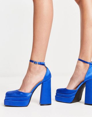 Raid Wide Fit + Amira Double Platform Heeled Shoes in Blue Satin
