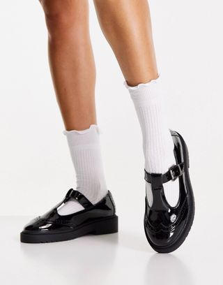 Asos Design + Wide Fit Maisie Chunky Mary-Jane Flat Shoes in Black Patent