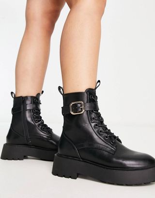 ASOS Design + Wide Fit Alix Chunky Lace Up Ankle Boots in Black
