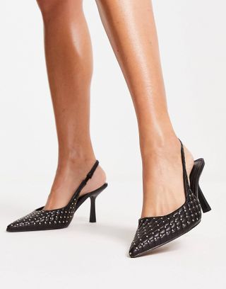 River Island + Wide Fit Studded Heeled Pumps in Black