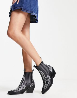 ASOS Design + Wide Fit Roxanne Contrast Stitch Western Boots in Black