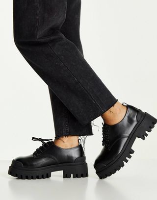 ASOS Design + Wide Fit Mayan Chunky Lace Up Flat Shoes in Black