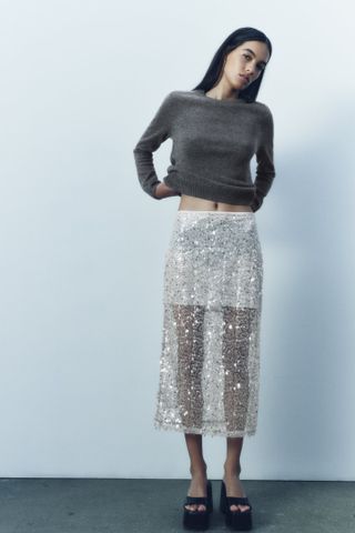 Zara + Sequinned Midi Skirt