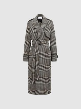 Reiss + Black/White Nara Wool Blend Checked Trench Overcoat