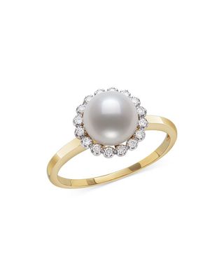 Bloomingdale's + Freshwater Pearl and Diamond Halo Ring in 14k Yellow Gold