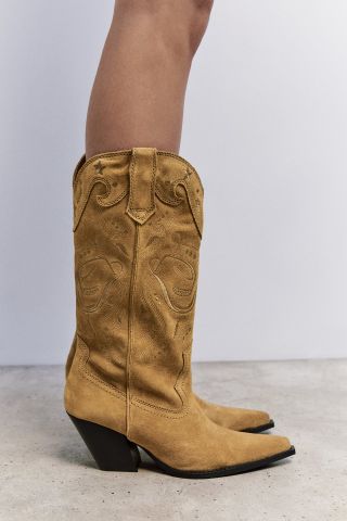 Zara + Embroidered Split Suede Boots