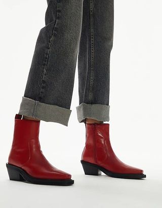 Topshop + Lara Leather Western Style Ankle Boot in Red