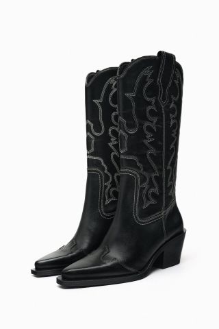 Zara + Topstitched Leather Cowboy Boots