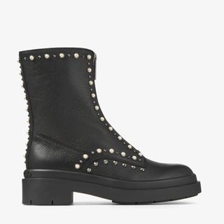 Jimmy Choo + Nola Flat Black Leather Boots with Pearls and Studs
