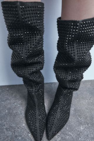 Zara + Rhinestone Denim High-Heel Boots
