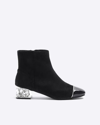 River Island + Black Suedette Diamante Heel Ankle Boots