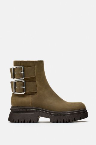 Zara + Flat Leather Ankle Boots With Buckled Straps