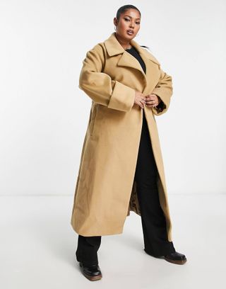 ASOS Design + Smart Brushed Belted Coat in Brown
