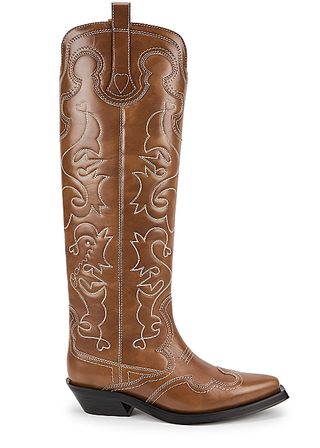 Ganni + Embroidered Knee-High Leather Cowboy Boots