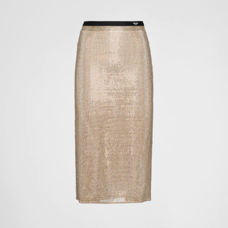 Prada + Embroidered Rhinestone Mesh Midi-Skirt