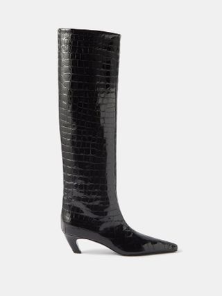 Khaite + Davis 50 Croc-Embossed Leather Knee-High Boots