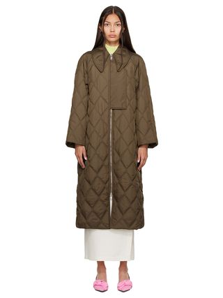 Ganni + Brown Quilted Coat