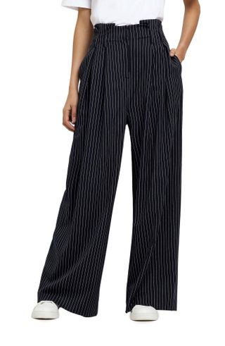 River Island + Pinstripe Pleated Paperbag Waist Wide Leg Trousers