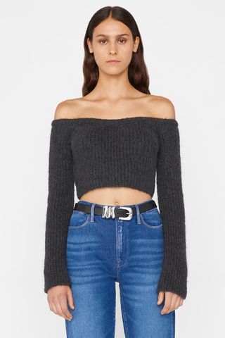 Frame + Cropped Bare Shoulder Sweater in Charcoal