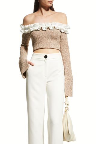 Aaizél + Off-the-Shoulder Pleated Cropped Sweater