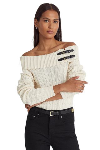 Ralph Lauren + Off-the-Shoulder Cable-Knit Sweater