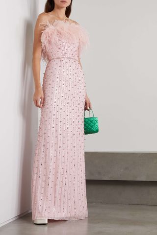 Jenny Packham + Feather-Trimmed Embellished Tulle Gown