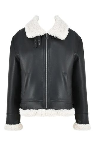 House of CB + Faux Leather Bomber Jacket With Faux Shearling Trim