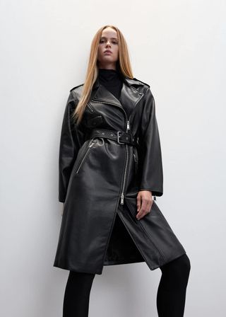 Mango + Leather-Effect Trench Coat With Zipper