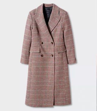 Mango + Double Breasted Wool Blend Check Print Coat