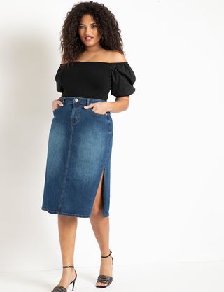 Eloquii + Denim Midi Skirt With Side Slits