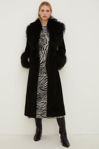 Oasis + x Rachel Stevens Real Suede Mongolian Fur Wrap Coat